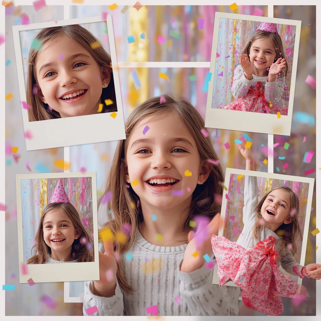 A Cute Girl's Collage with Candy-Colored Confetti Falling Around Her | trending prompt in instagram reels — AI image prompt