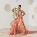 Holographic Armor: Pastel Coral Saree with Gold Zardozi Bullion | saree prompt for gemini girl in english