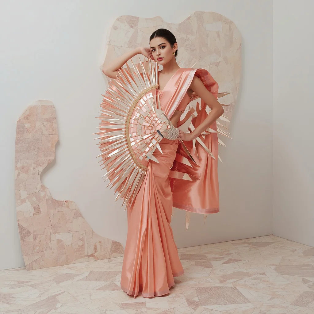 Holographic Armor Saree: Pastel Coral Silk with Rigid Shards | instagram trending prompt copy and paste — AI image prompt