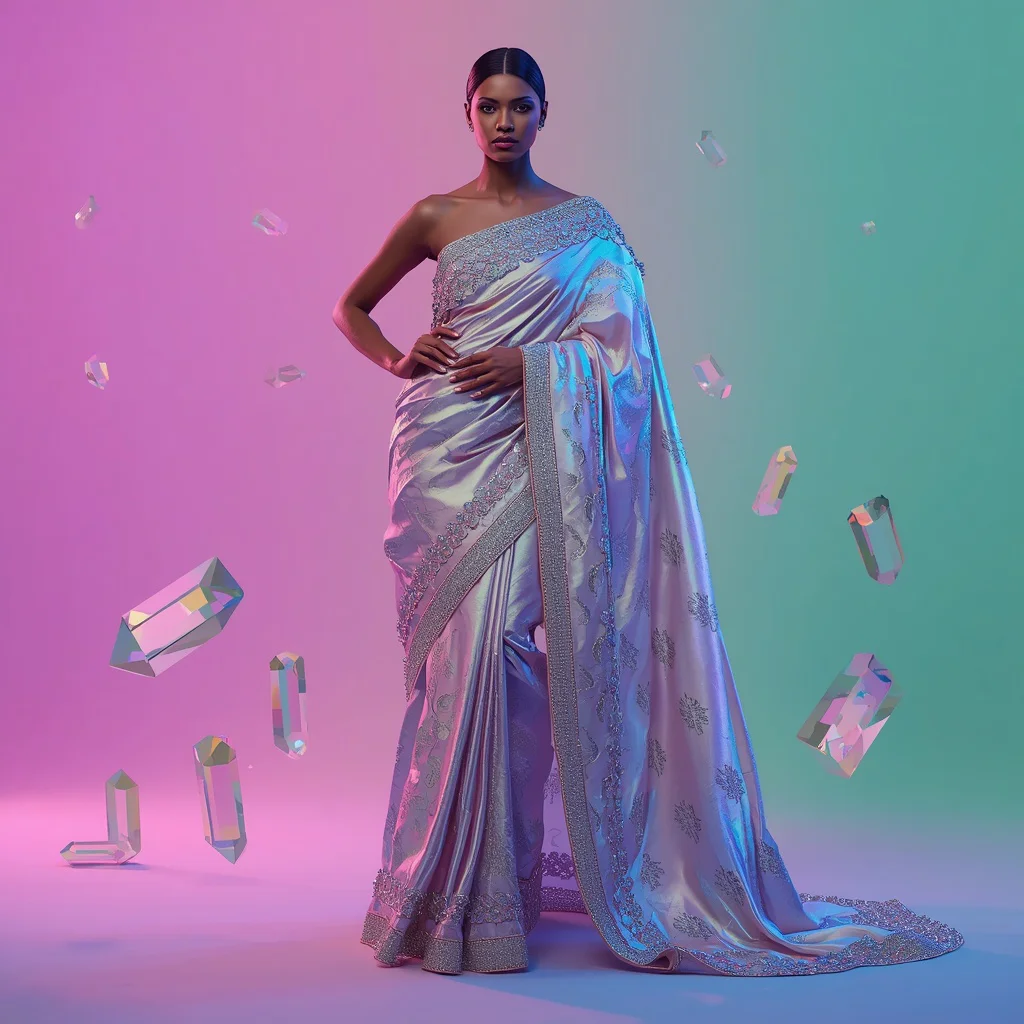 Liquid Diamond Armor Saree: Iridescent Aurora Silk with Crystalline Prisms | prompt for traditional look for girl chatgpt instagram — AI image prompt