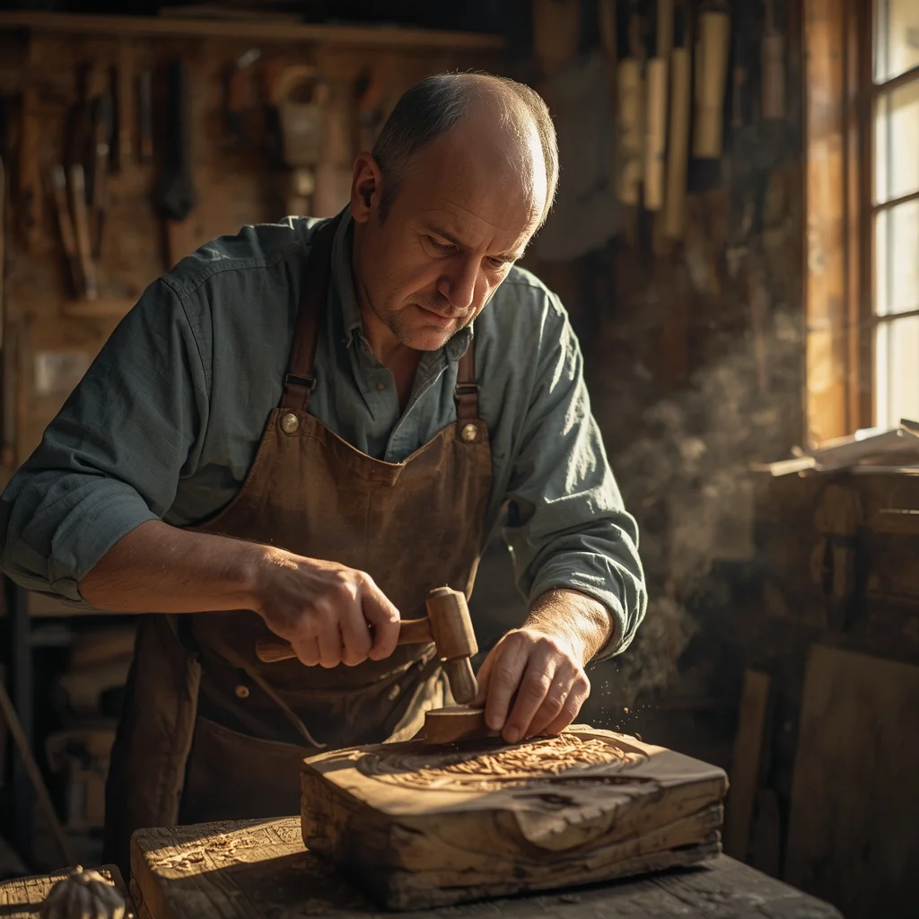 Man's Focused Craftsmanship: Traditional Wood Carving in Workshop | Trending prompt in instagram for boy — AI image prompt